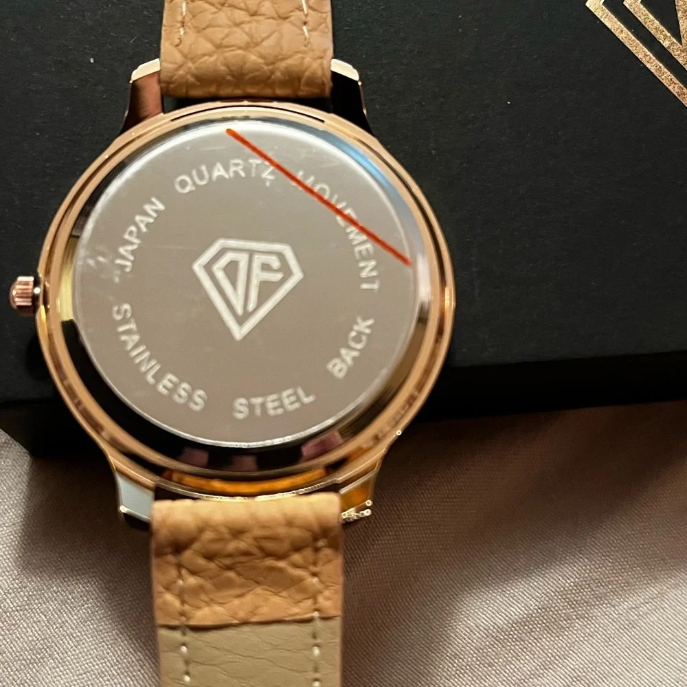 DF-women’s Japan Quartz Movement Stainless Back, Tan Leather Strap